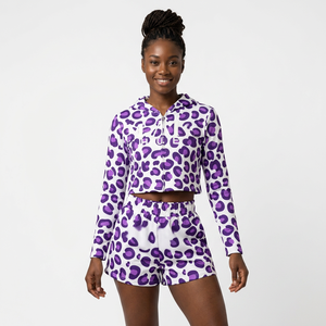 Ensemble short et haut court à capuche imprimé léopard violet IDREESANDSONS, tenue décontractée d'été unisexe, respirant, tricoté, 140g polyester - Product Image 1