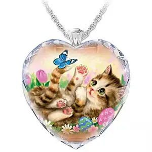 Cat Animal Necklace colorful crystal Pet Pendant Gifts for Pet Lover girls Pet Memorial Jewelry