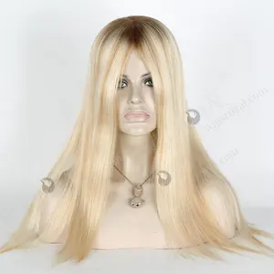 Best Quality 18 Inch Remy Hair Celebrity Wigs Fashion Dark Roots Blonde Wig with Brown Highlights
