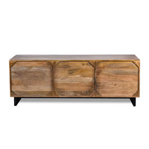 Mueble para TV Bajo Oxberg en Negro y Madera Natural con Puertas de Vidrio, Cajones e Iluminación LED en el Estante - Product Image 6