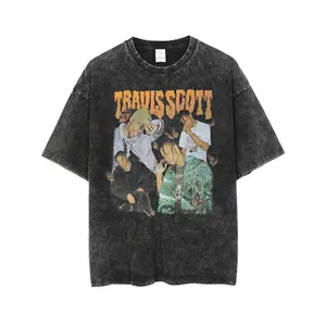 Anime ağrı baskılı asit yıkanmış T Shirt Mens 100% pamuk Retro Tee yüksek kalite Hip Hop Dropshoulder artı düz boyalı t-shirt