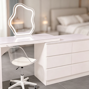Coiffeuse moderne blanche avec miroir LED, meuble de rangement et chaise pour chambre à coucher - Product Image 2
