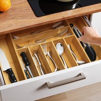 Organisateur de tiroir coulissant anti-poussière en bambou pour cuisine et bureau, extensible 5-9 compartiments, grand format