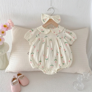 Body de Algodón con Estampado Floral para Bebés Niñas, Cuello Redondo, Manga Corta, Lazo, Estilo Europeo y Americano, Transpirable, Traje de Verano - Product Image 3