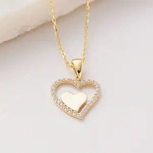 Wholesale Silver 18k Gold Plated Double Heart Necklaces Crystal Jewelry 316l Stainless Steel Diamond Love Channel Set Necklace