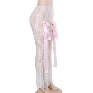 See Through Bow Lace Trousers Pantalon droit pour les leggings d'été pour femmes - Product Image 3