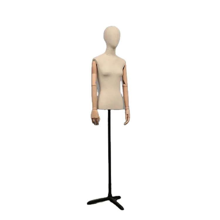 Fashion store window display fiberglass female white fabric mannequin bust with wooden arms and tripod base