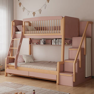 Meubles de chambre à coucher pour enfants bon marché, lit en bois massif de dessins animés, lit superposé pour enfants, table d'étude avec escalier et rangement, avec toboggan - Product Image 1
