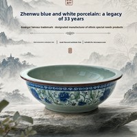 Bol à soupe en céramique sous glaçure bleu et blanc Zhenwu, 10 pouces, compatible micro-ondes, pour restaurant et usage domestique, style rétro chinois léger