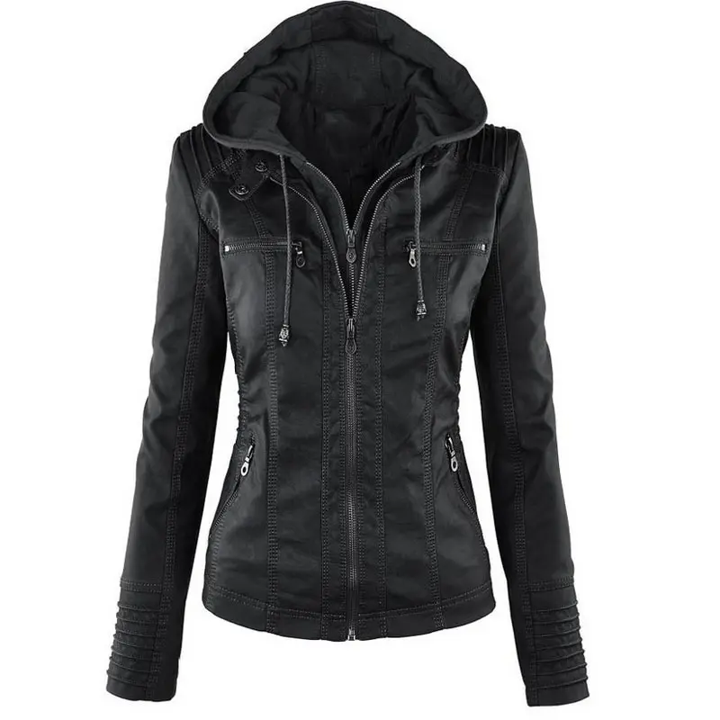 Gothic Faux Leather Jacket Women Hoodies Winter Autumn Motorcycle Jacket Black Outerwear PU Jacket Coat Y10538