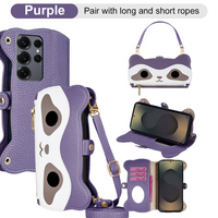 Étui de téléphone multifonctionnel en cuir PU motif raton laveur, style portefeuille, avec fentes pour cartes, antichoc, anti-chute, avec sangle et miroir