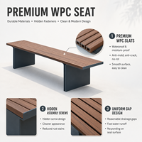 Banc de jardin moderne sans dossier, pieds de support plats en métal, assise longue en bois composite WPC pour jardin, place publique, aménagement paysager