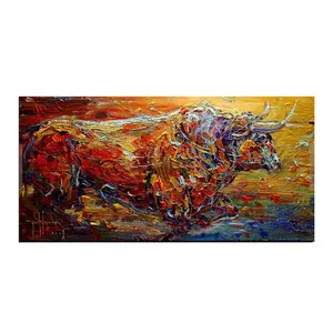 Pasokan pemasok emas Alibaba lukisan minyak Bull abstrak Modern di atas kanvas lukisan pisau hewan Bull lari buatan tangan