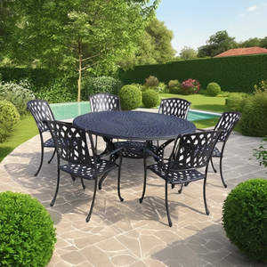 Ensemble de salle à manger d'extérieur moderne de luxe de 7 pièces en fonte d'aluminium ronde pour patio, jardin, cour ou parc - Product Image 3