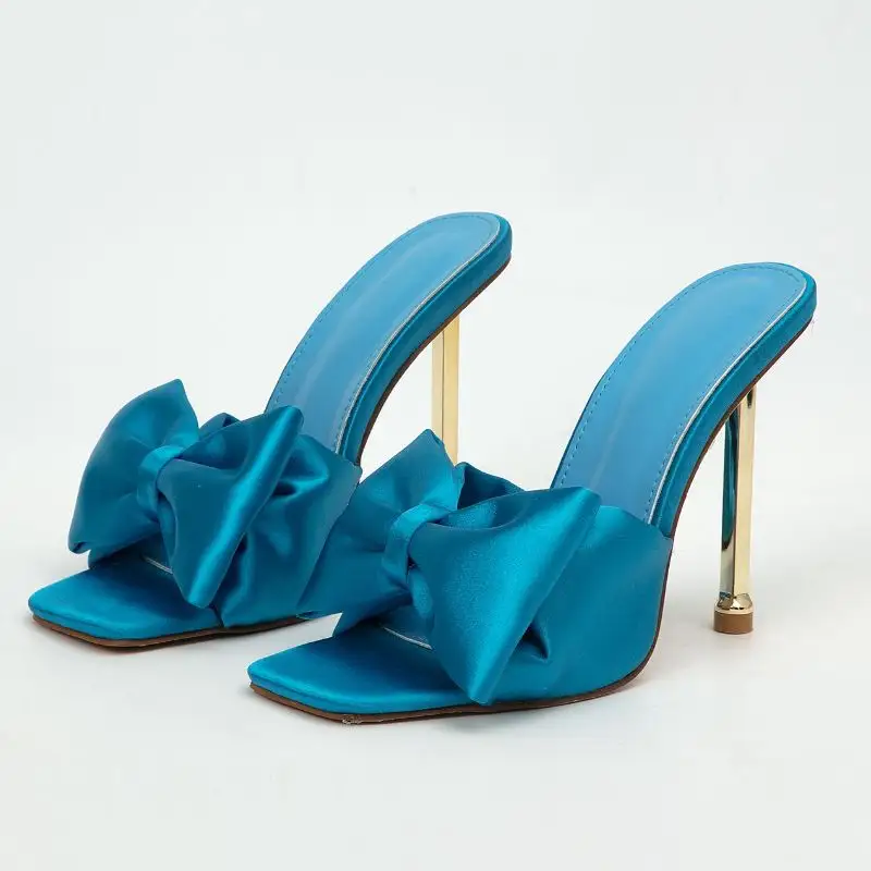 Chaussure Talons Satin Material Metal Fashion Big Bow Tie Sky Blue Heels for Women