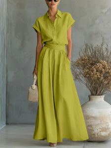 Traje de Dos Piezas para Mujer, Color Sólido, Camisa con Botones y Manga Corta, Pantalones Largos de Cintura Alta con Pliegues y Pierna Ancha, Atuendo Casual para Vacaciones - Product Image 5