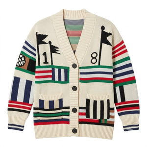 Custom Unisex Oversized Golf Jacquard Cardigan V-Neck Buttoned Heavyweight Ribbed Knitwear Slouchy Sporty <strong>Jumper</strong> - Product Image 1