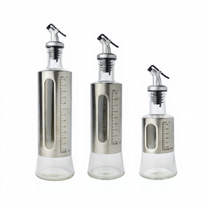 Dispenser per olio a pressione ermetico - Bottiglia per olio da cucina in vetro e acciaio inossidabile con scala di misurazione, contenitore per salse da cucina - Product Image 1