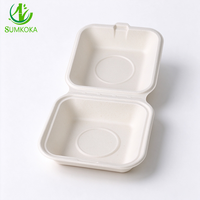 Boîte à hamburger carrée SUMKOKA de 6 pouces sans PFAS en bagasse, jetable et compostable, en canne à sucre, avec couvercle à charnière pour plats à emporter
