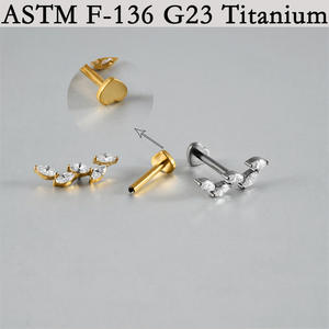 Boucles d'oreilles clous de lèvre en titane ASTM-F136 G23, style vintage, avec zircon à dos plat en forme de T et filetage interne, pour mariage et fiançailles - Product Image 3