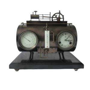 <span class=keywords><strong>Baromètre</strong></span> et thermomètre de style français massif en laiton antique, moteur <span class=keywords><strong>à</strong></span> vapeur industriel, horloge mécanique de table/étagère - Product Image 1