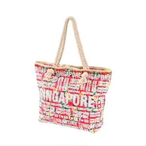 Wholesale Thailand Singapore Souvenir Women Large Canvas Summer Beach Handbag Creative Custom Letter Print Travel Shopping Bag