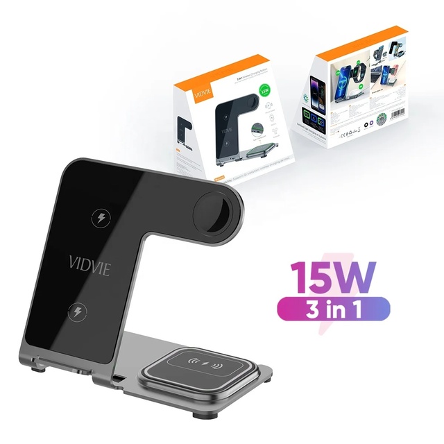 VIDVIE Universal 3 in 1 Multifunction Magnetic 15W Aluminum Alloy Magnet Phone Wireless Phone Charger Stand for iPhone Watch