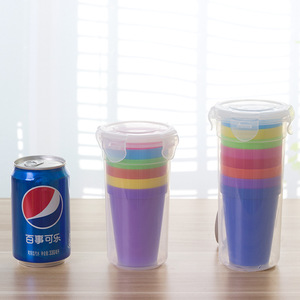 Juego de vasos de plástico apilables de 9 piezas, color arcoíris, con tapa, para regalo y uso en exteriores - Product Image 2