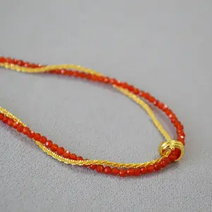 Colar/pulseira de gargantilha de ágata vermelha de latão banhado a ouro com desenho francês de camada dupla