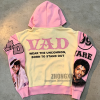 Sweat à capuche zippé unisexe surdimensionné en coton épais 100% avec imprimé graphique vintage en strass et impression DTG vintage personnalisée