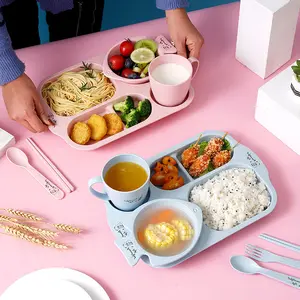 Caja De Almuerzo小麦秸秆儿童盘子碗杯套装防摔Merendeira婴儿，幼儿园食堂餐具套装