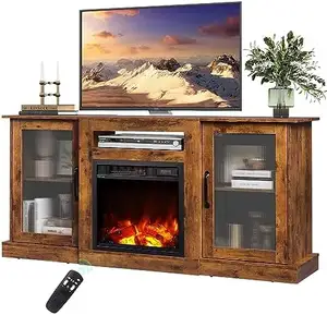 Подставка для телевизора с камином и открытыми полками для гостиной и спальни, коричневая проверенная Подставка для телевизора с камином
