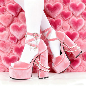 Y2K Dark Style Velvet Lolita Sandals Pearl Decor Plus Size 47 Thick Platform <b>Block</b> Heel Sexy Women Party Shoes - Product Image 2