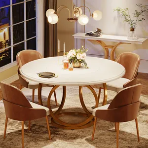 Tribesigns Luxury Wooden Round Marble Veneer Top Gold White Dining Table Home Furniture Round Gold Kitchen Tables