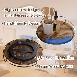 Wooden Round <b>Spice</b> <b>Rack</b> With Handle <b>Rotating</b> Kitchen Storage Tray For <b>Spices</b> And Snacks Brown L Size - Product Image 2