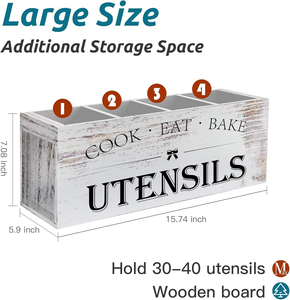 Organisateur de cuisine rectangulaire en bois de pin blanc rustique avec 5 séparateurs amovibles, grand porte-ustensiles facile à nettoyer - Product Image 5