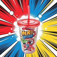 Gobelet en plastique pour enfants, super-héros de dessin animé, avec couvercle et paille, sans BPA, réutilisable, transparent, cadeau pour fête d'anniversaire