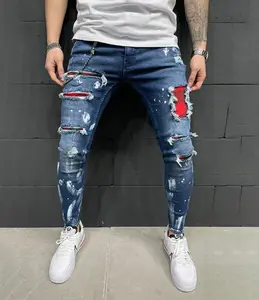 Kustom pinggang tinggi Skinny Jeans tambalan lubang robek pria celana tumpuk pria celana panjang Stretch Jeans