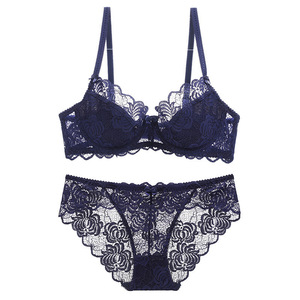 Romantic Navy Blue Floral Lace Underwire Bra and Hipster Panty Set with Adjustable Straps Breathable Plus Size Women's Lingerie - Product Image 4