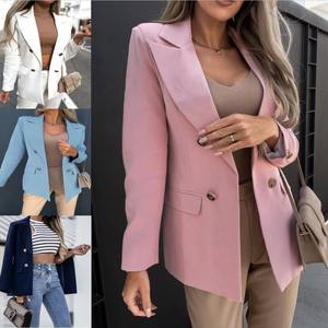 <span class=keywords><strong>Blazer</strong></span> Largo de Mujer, Estilo Europeo Americano, Nuevo para Primavera y Otoño, Traje Cruzado con Botones, Doble Botonadura, Color Sólido - Product Image 2