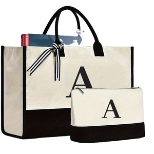 Sac de plage en toile personnalisé avec initiales, sac fourre-tout monogrammé pour femme, sacs de shopping en toile grande capacité - Product Image 1