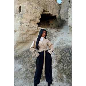 Veste en cuir crème à double boutonnage avec doublure en lin matelassée réversible – Manteau court en polyester pour l'automne, le printemps et l'hiver - Product Image 2