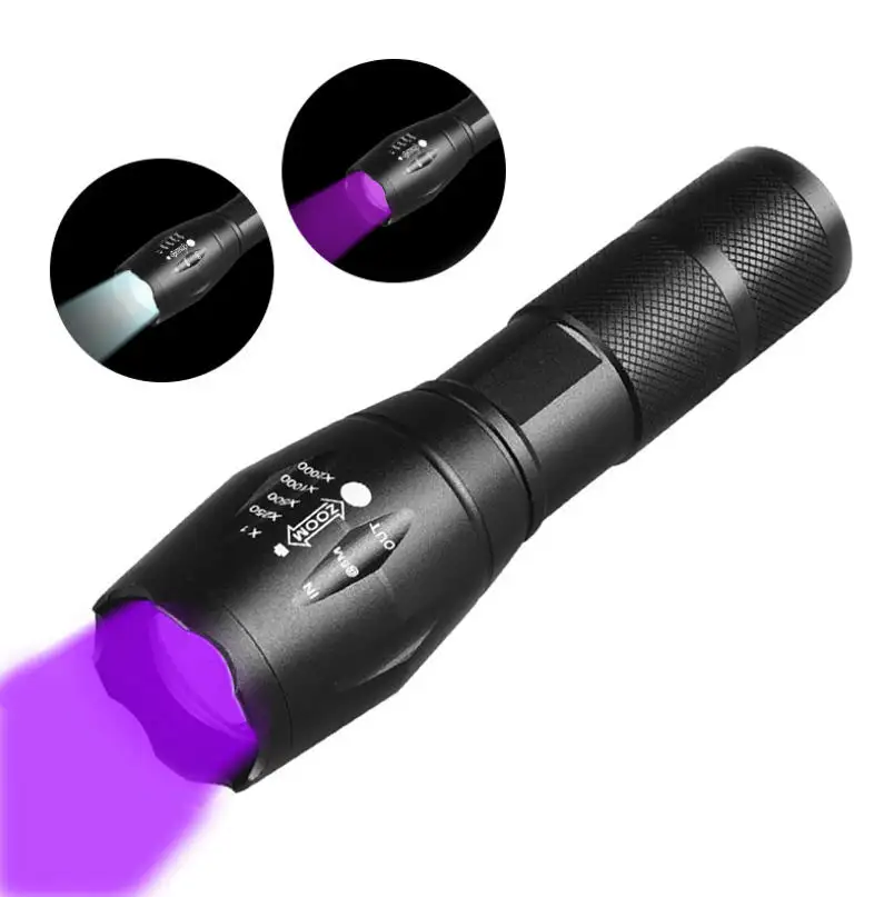 Iluminación de detección UV de Toby, linterna de doble luz alta, blanco, violeta, dos colores, R2, foco ajustable, luz púrpura, 395NM, linterna