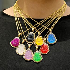 Collier pendentif <span class=keywords><strong>bouddha</strong></span> Maitreya incrusté de cristaux de Zircon brillants pour femmes, amulette porte-bonheur, bijoux porte-bonheur - Product Image 2