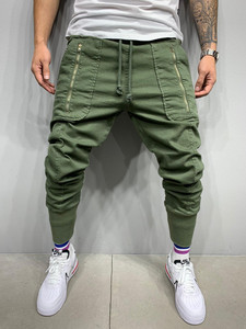 Pantaloni da <span class=keywords><strong>Uomo</strong></span> Hip-Hop Jogging Harem con Zip sul Cavallo, Pantaloni Larghi Verdi da Allenamento - Product Image 3
