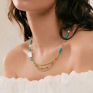Collar de Cuentas de Turquesa Natural 2026, <span class=keywords><strong>Cadena</strong></span> Asimétrica de Varias Capas con Eslabones Tipo Clip, Estilo Barroco, Acero Inoxidable Dorado, para Mujer, Oro de 18K - Product Image 2