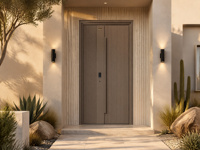 Porte industrielle chic haut de gamme en aluminium moulé, texture côtelée verticale fine, grande porte d'entrée double, personnalisation exclusive pour projets