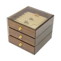 Organisateur de bijoux de luxe multicouche avec finition grain de bois, boutons dorés et boîte de rangement transparente pour cadeaux en gros