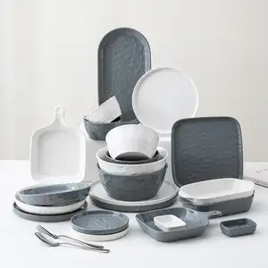 石の表面セラミック白と灰色の皿 & プレートサービングプレート家庭用キッチン食器セット磁器食器セット