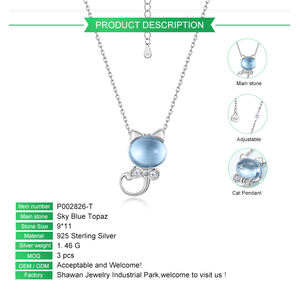 Joyería elegante cielo azul Topacio blanco oro gato colgante collar para mujer - Product Image 2